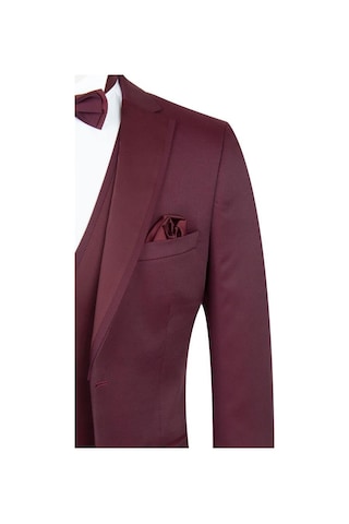 İmza Bordo Desenli Armürlü Mono Yaka Astarlı Yelekli 6 Drop Slim Fit Dar Kesim Smokin Damatlık 1001195219-Bordo