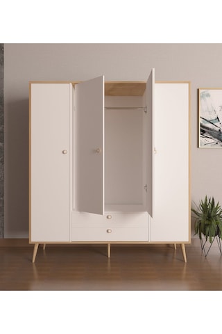 Floradesign Tema Elbise Dolabı 4 Kapaklı Çekmeceli Dolap Gardırop /beyaz Meşe