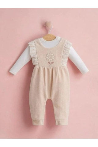 Kız Bebek 2 Li Çiçek İşlemeli Tulum-15270 Bej