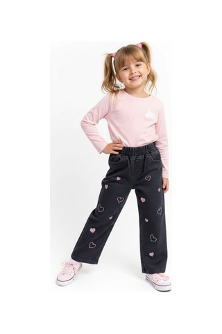 İrem Çocuk Giyim Kız Çocuk Pembe Kalp Nakışlı Beli Lastikli Koyu Füme Renk Pantolon Siyah