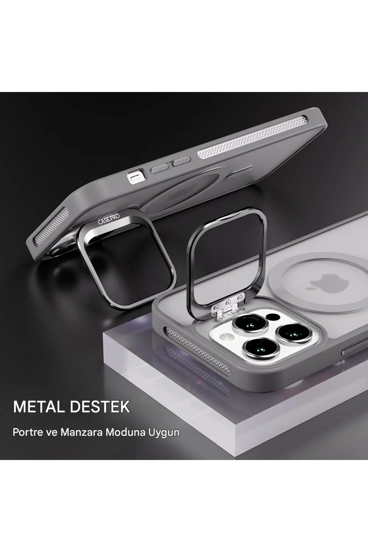İphone 15 Pro Uyumlu Magsafe Kılıf Mıknatıslı Standlı Darbeye Dayanıklı Mat Şeffaf Arka Kapak Lens li gri