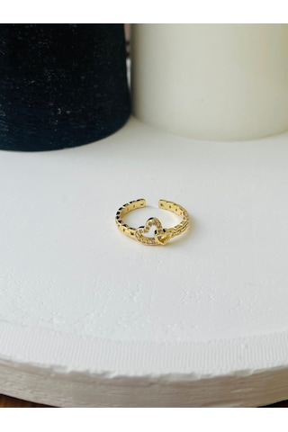 Zirkon Taşlı Kalp Detay Çelik Yüzük Altın