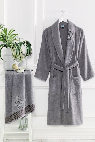 Şalyaka Kadın Erkek Pamuklu Havlulu Banyo Bornoz Takımı Gri