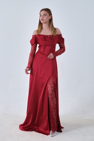 Feminist Bordo Kolları Dantel Detaylı Drapeli Abiye 9705561.04