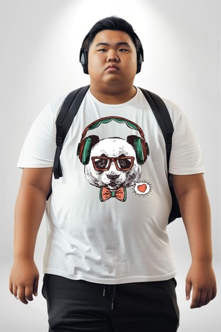 Angemiel Kulaklıklı Hipster Portre Panda Beyaz Büyük Beden Kadın Erkek Ünisex Basic Ön Baskılı Tişört Beyaz