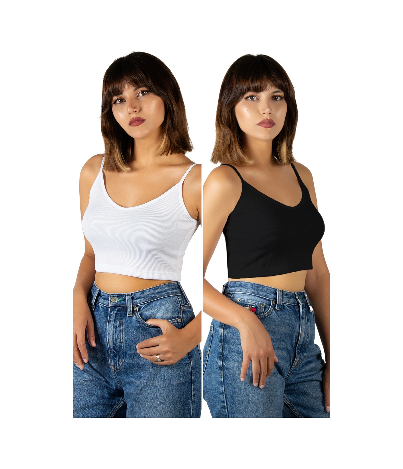 Veaven 2'li Paket Siyah Beyaz İp Askılı Fitted/vücuda Oturan Fitilli Örme Crop Top Bluz Siyah Beyaz