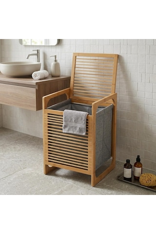 Deconox Doğal Bambu Çamaşır Sepeti 40x35x60 Cm - İçi Bezli, Kapaklı Ve Hasır Kulplu Ahşap Kirli Sepeti Diğer