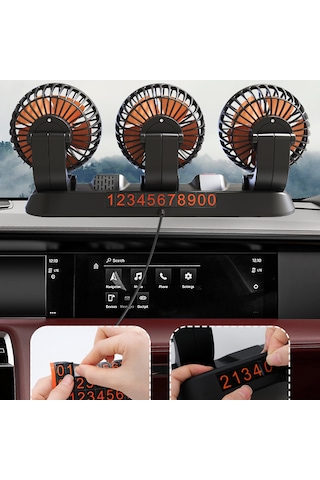 Vkemall 12v Otomobil Fanı - 3 Lü Çıkışlı, 2 Hızlı, 360 Dönebilen, Yüksek Güçlü Soğutucu + Park Etiket Numarası