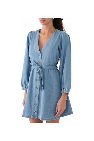 Nobody S Child Denim Nolan Mini Elbise, Uzun Kollu, Kuşaklı, %100 Pamuk Günlük Şıklık Mavi