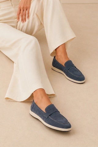 Sovenso Suede Hakiki Deri Mavi Süet Loafer