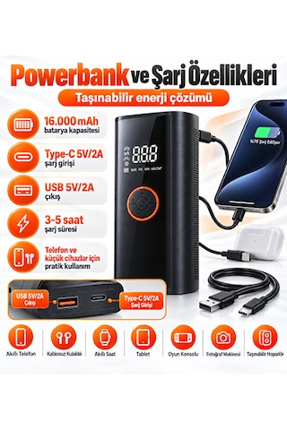 Akü Takviye Cihazı 12v Dijital Hava Kompresörü 16000 Mah Powerbank Otomatik Durdurma Led Sos Çok Amaçlı Şişirme Pompası