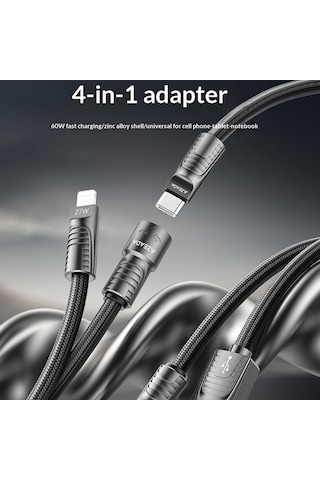Jopus 4in1 Çoklu Şarj Kablosu 60w Type-c Lightning Usb-a Hızlı Şarj Örgü Kablo 1.5 Metre Az-b11th