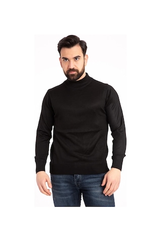 Nacar Store Erkek Siyah Ince Yünlü Yarım Boğazlı Triko Kazak