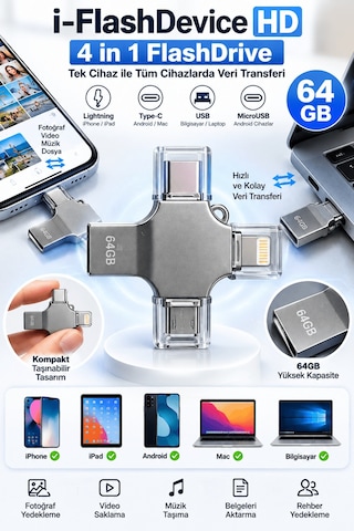Shnstore Fotoğraf Video Müzik Ve Belgelerinizi Aktarmak İçin 64gb 4 Girişli Telefon Tablet Bilgisayar Uyumlu Bellek Shntknd0720