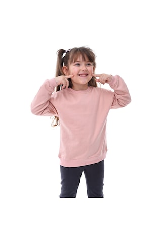 Basic Bisiklet Yaka Şardonlu Çocuk Sweatshirt 3-10 Yaş Pudra Pudra