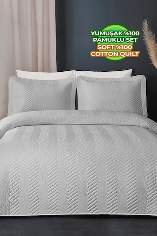 Evlen Home Ross %100 Pamuk Yatak Örtüsü Pike Takımı Çift Kişilik Kapitone Çizgili Günlük Yıkanabilir Gri Gri