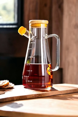 Bambu Kapaklı Cam Yağdanlık Vakumlu Ahşap Stantlı Sirkelik Zeytinyağı Şişesi