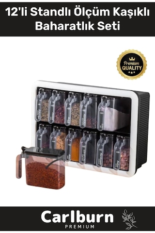 Premium Modern Pratik Bölmeki Şeffaf Mutfak Tezgah 12li Standlı Ölçü Kaşıklı Plastik Baharatlık Seti Çok Renkli