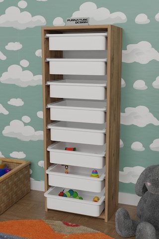 8 Sepetli Çok Amaçlı Dolap Oyuncak Dolabı - Atlantik Çam - Beyaz