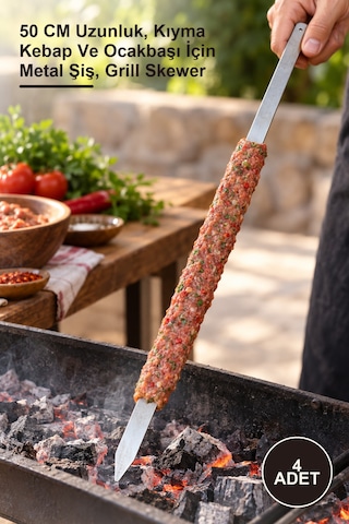 4 Adet Geniş Yassı Metal Adana Kebap Şişi 50 Cm Uzunluk, Kıyma Kebap Ve Ocakbaşı İçin Metal Şiş, Grill Skewer