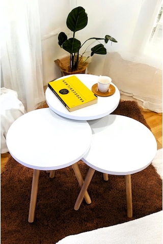 Zigon Sehpa Doğal Ahşap Ayaklı 3 Lü Set Yuvarlak Beyaz