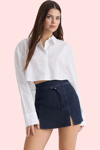 Ersefa Kadın Yüksek Bel Kemerli Denim Şort Etek Boru Paça Düz Desen Günl Lacivert