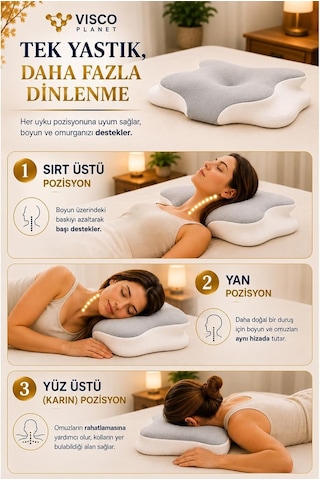 Visco Planet Ortopedik Visco Boyun Yastığı Memory Foam Boyun Destekli Ergonomik Uyku Yastığı 62x42x13/10 Cm Genel