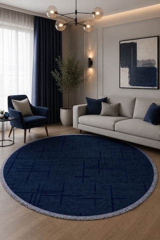 Lotus Bambu Model Altı Kaymaz Yuvarlak Makine Dokuma Halı Lacivert Çok Renkli