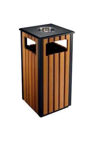 Ahşaplı Dış Mekan Çöp Kovası Avm Park Bahçe Metal Çöp Kutusu-9030588460584 Kahverengi