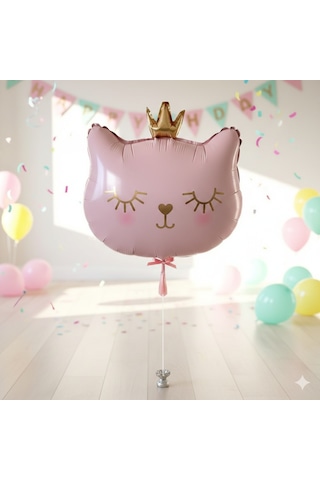 56x49 Cm Pembe Kedi Kafası Taçlı Folyo Balon 30 İnç - Doğum Günü Parti Dekorasyon Balonu Çok Renkli