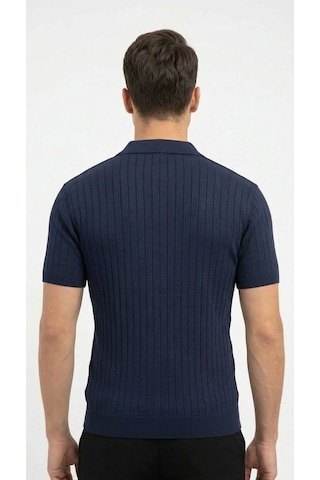Erkek Polo Yaka Slim Fit Triko Tişört Dikey Çizgili Modern Yazlık Triko Lacivert