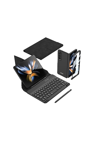Samsung Uyumlu Galaxy Z Fold 4 Kılıf Standlı Bluetooth Klavyeli Zore Kıpta Keyboard Set Kılıf Siyah