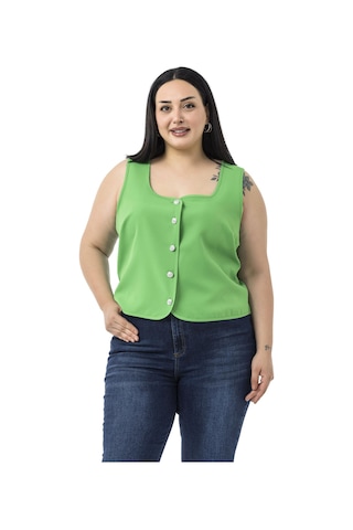 Disentis Büyük Beden Düğme Detaylı Benetton Yeşili Bluzan Yelek Benetton Yeşili