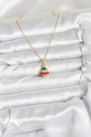 Zarif Boyunlar İçin Golden Çelik Ren Çam Ağacı Zirkonlu Yılbaşı Tema Kadın Kolye Metalik