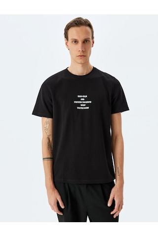 Koton Regular Fit Pamuklu Kısa Kollu Slogan İşlemeli Bisiklet Yaka Tişört Siyah 5sam10145hk Siyah