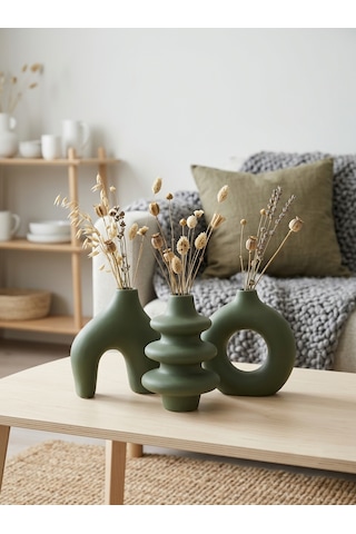 Kaveld Trio Forma El Yapımı 3'lü Dekoratif Vazo Seti, Kemer + Yığma Halka + Donut Form Mermer Tozu & Beton Minimalist Kuru Çiçek Vazosu Yaprak Yeşili