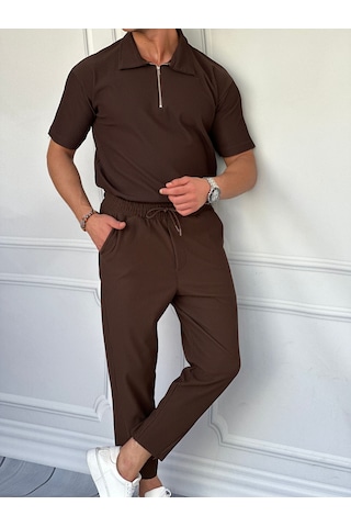 Modefendi Fermuar Detaylı Fitilli Oversize Alt Üst Takım Kahverengi