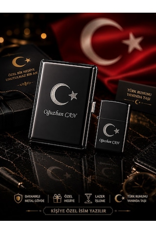İsime Kişiye Özel Ay Yıldız Bayrak Lazer İşlemeli Tabaka Ve Benzinli Metal Çakmak Seti Dolu Gönderim