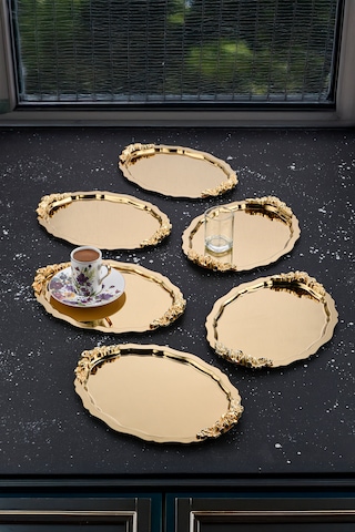 6 Adet Oval-bulut Model Kulplu Kahve-çay Sunum Tepsisi 25x20 Cm