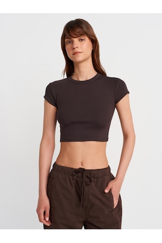 Dilvin 31810 Bisiklet Yaka Crop T-shirt-koyu Kahve Koyu Kahve