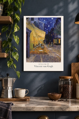 Gece Kafesi Manzarası Desenli Dekoratif Mdf Tablo, Çerçeve Görünümlü Ahşap Poster