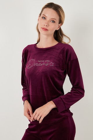 Lela Standart Fit Bisiklet Yaka Yumuşak Kadife Bayan Pijama Takımı 6094202 Mor