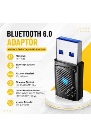Essager Bluetooth 6.0 Usb Adaptör 20 Metre Menzil, 5 Cihaza Kadar Bağlantı, Tak Çalıştır, Windows Uyumlu