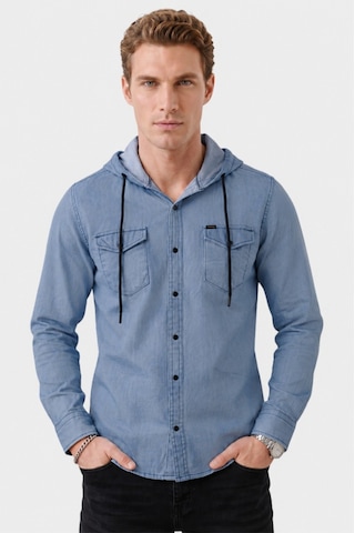 Deep Sea Deepsea Mavi Kapüşonlu Likralı Kot Gömlek Slim Fit Çıt Çıt Kapamalı Erkek Gömlek 2300396