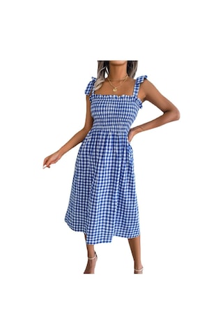 Gmxıa İlkbahar Yaz Rahat Bağcıklı Renk Kontrast Ekose Orta Boy Elbise Kadınlar İçin Mavi