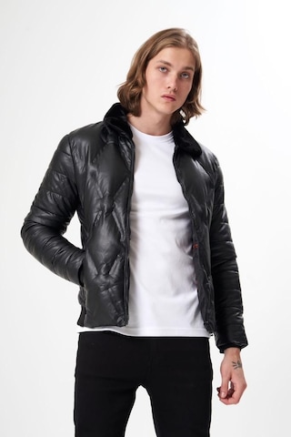 Erkek Yakası Kürklü Deri Mont Siyah Acı Kahverengi