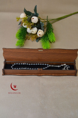 Hematit Taşlı 33 Lü Erkek Tesbih Doğal Taş, Şık Ahşap Kutu Çok Renkli