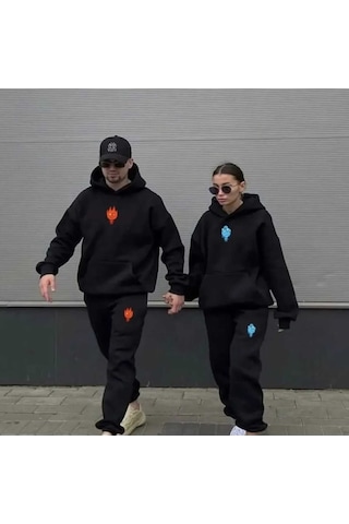 Nzn Collectıon Unisex Kadın Erkek Oversize Sevgili Çift Kombini Ateş Ve Su Baskılı 2'li Alt-üst Eşofman Takımı Siyah