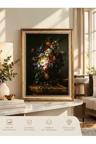 Gold Varaklı Vintage Çerçeveli Büyük Boy Tablo Dark Floral Klasik Sanat Eseri Dokulu Yağlı Boya Dekoratif Tablosu 50 X 70 Çerçeveli 60 X 80