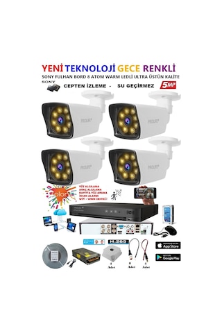 4 Kameralı Gece Renkli 8 Adet Warm Ledli Yeni Nesil 5 Mp Kuruluma Hazır Güvenlik Kamerası Seti